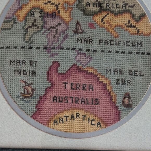 Vintage Framed Handmade Needlework Old World Map Embroidery Art Set of 2 - Picture 7 of 12